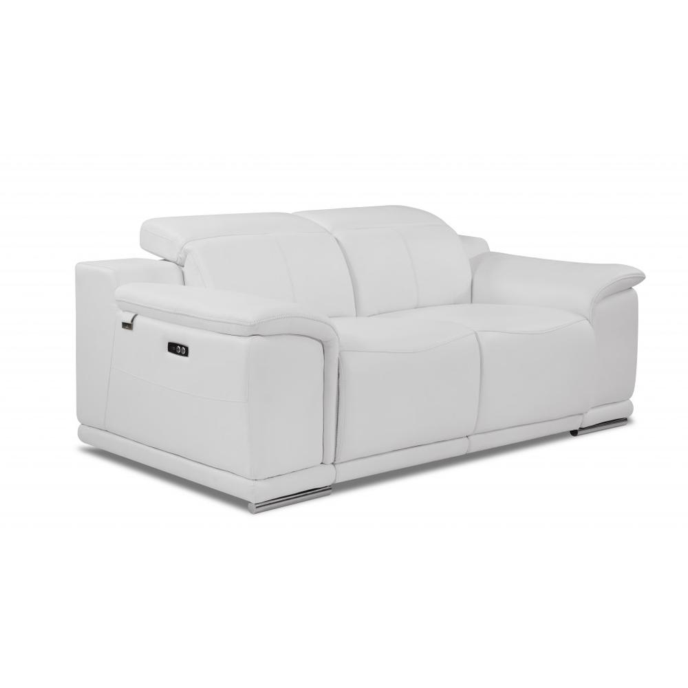 72" White And Silver Italian Leather Power Reclining Love Seat. Picture 1