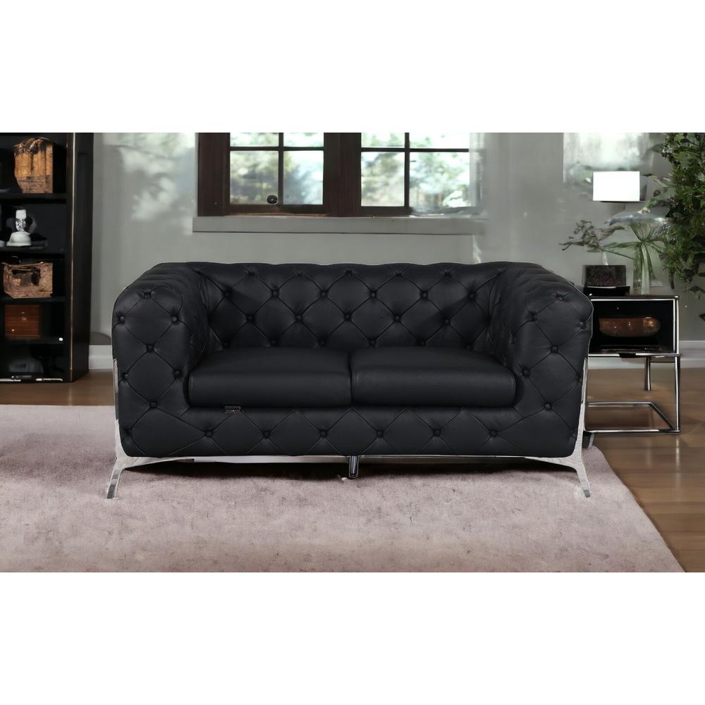 69" Black And Silver Italian Leather Love Seat. Picture 2