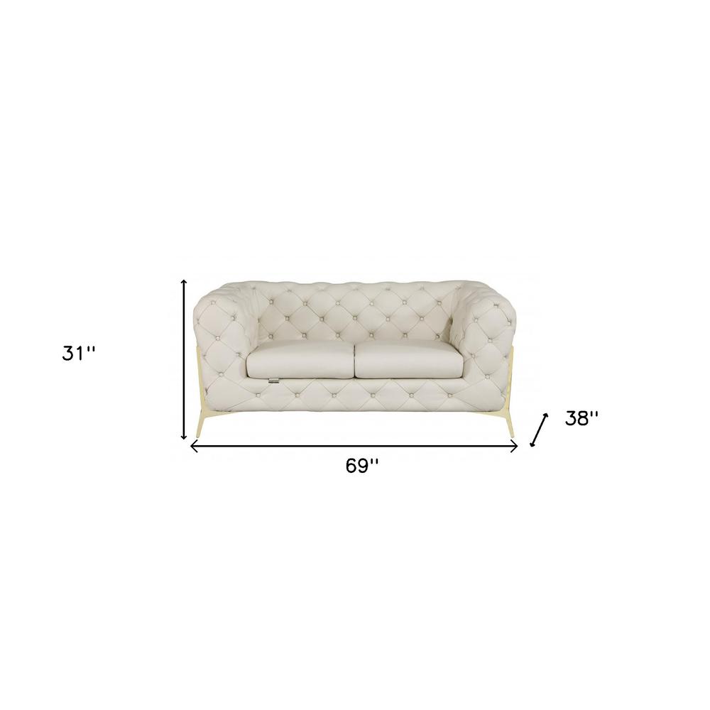69" Beige And Gold Italian Leather Love Seat. Picture 8