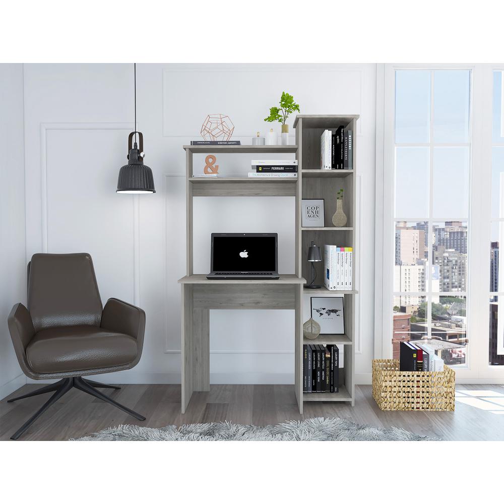 Modern Light Gray Office Desk with Storage Cabinet. Picture 1