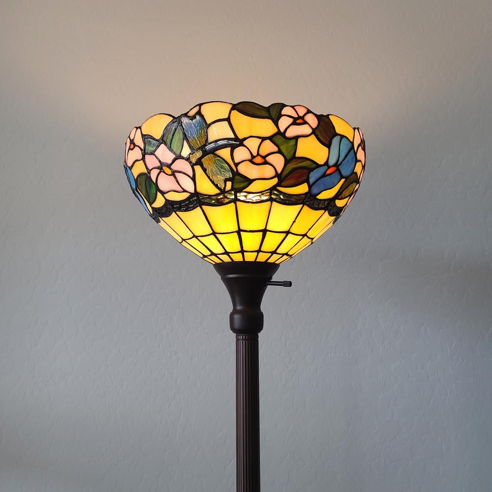 70" Brown Traditional Shaped Floor Lamp With Green And Brown Tiffany Glass Bowl Shade. Picture 6