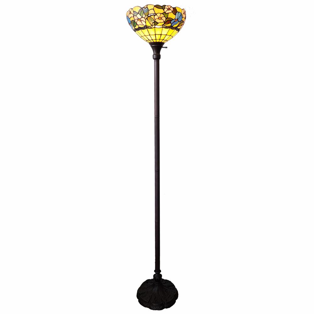 70" Brown Traditional Shaped Floor Lamp With Green And Brown Tiffany Glass Bowl Shade. Picture 9