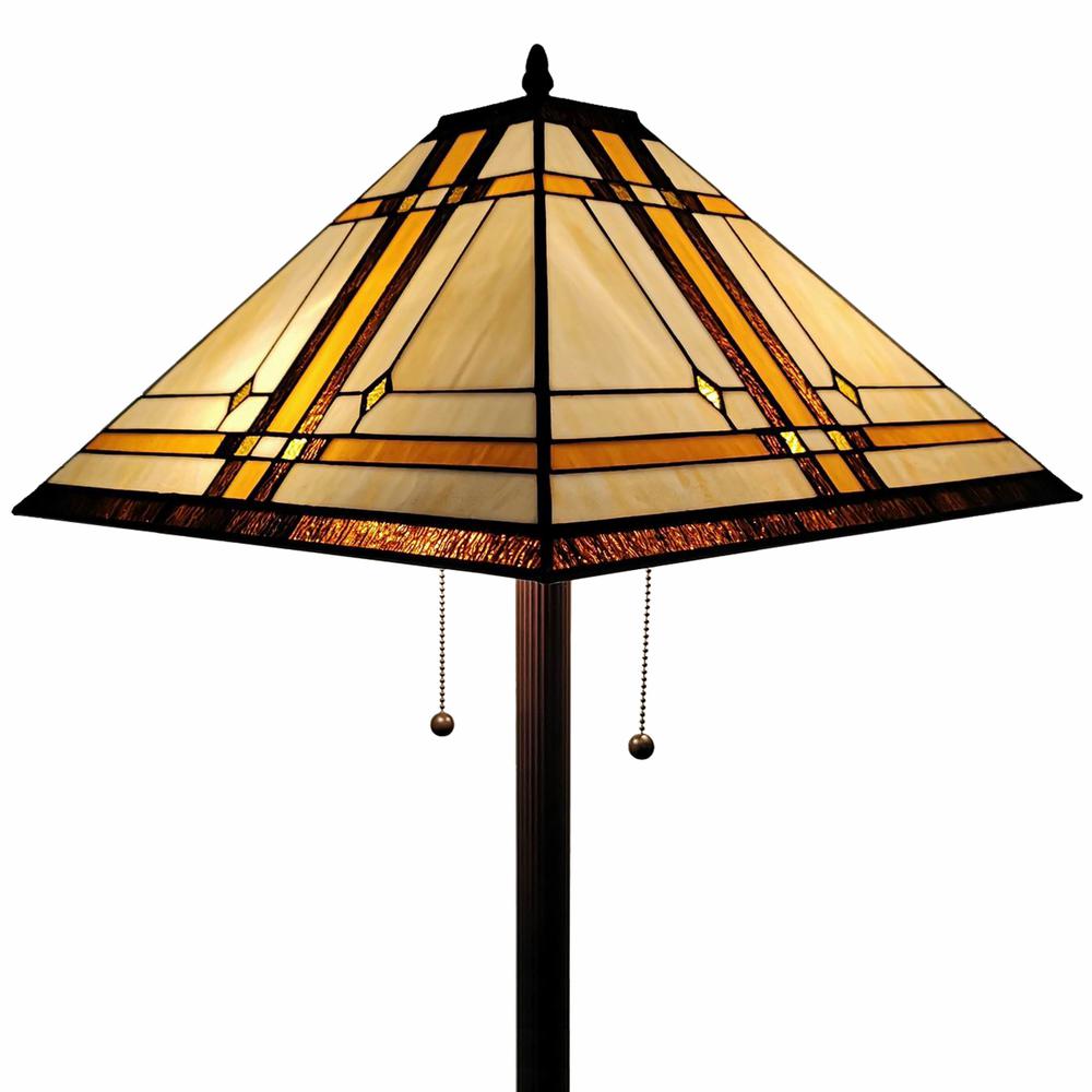 62" Brown Two Lights Traditional Shaped Floor Lamp With Brown And White Stained Glass Cone Shade. Picture 1