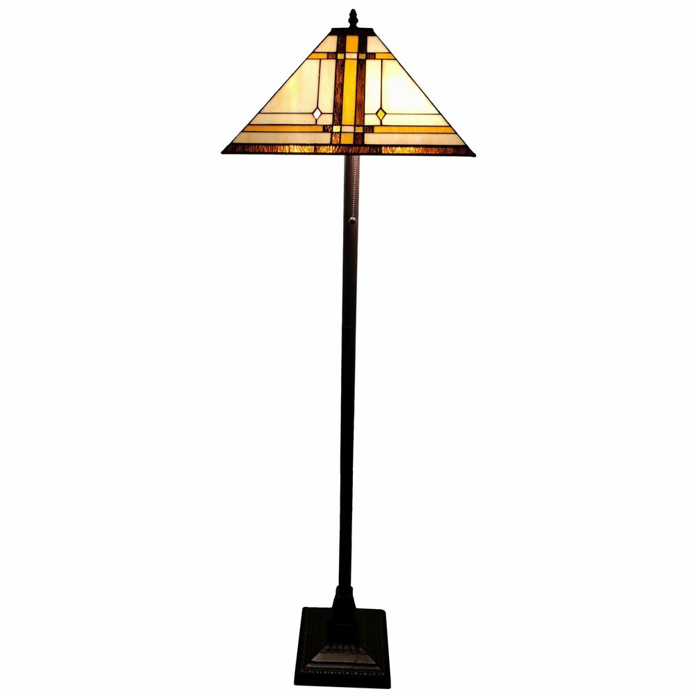 62" Brown Two Lights Traditional Shaped Floor Lamp With Brown And White Stained Glass Cone Shade. Picture 2