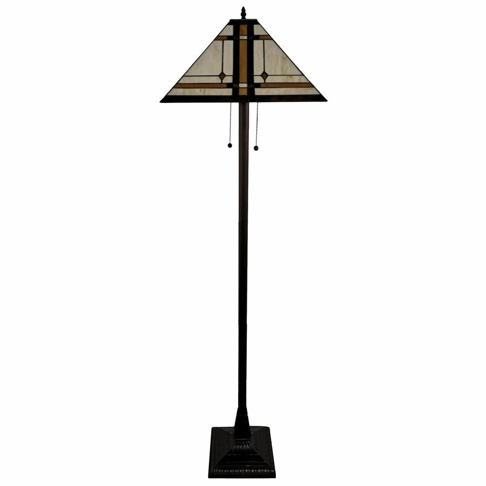 62" Brown Two Lights Traditional Shaped Floor Lamp With Brown And White Stained Glass Cone Shade. Picture 3