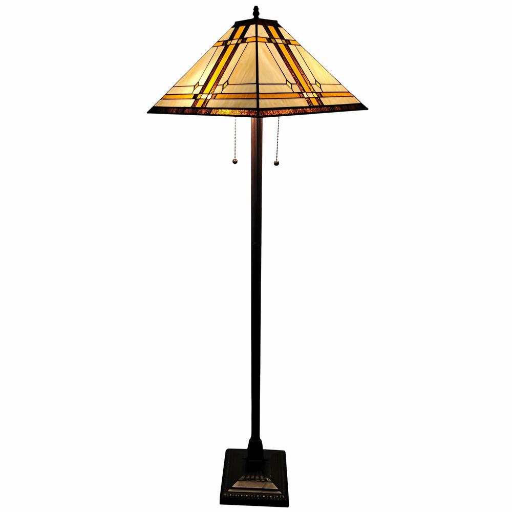 62" Brown Two Lights Traditional Shaped Floor Lamp With Brown And White Stained Glass Cone Shade. Picture 4
