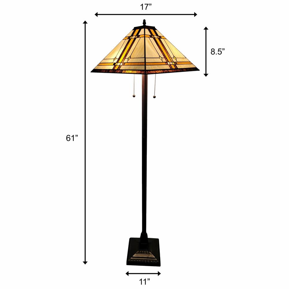 62" Brown Two Lights Traditional Shaped Floor Lamp With Brown And White Stained Glass Cone Shade. Picture 5