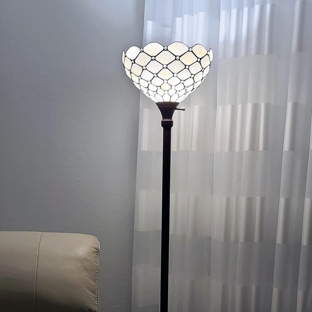 62" Brown, Traditional Shaped Floor Lamp With White Stained Glass Bowl Shade. Picture 3