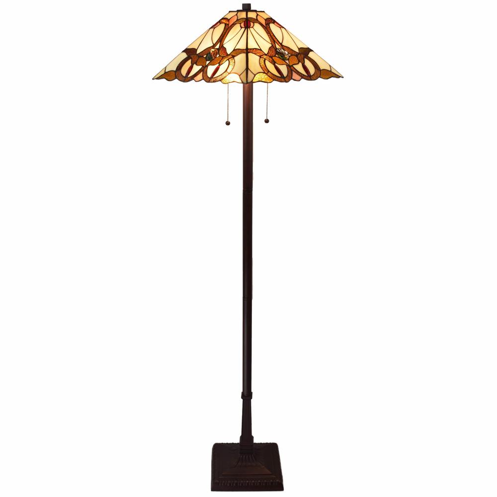 62" Brown Two Lights Traditional-Shaped Floor Lamp With Brown And White Stained Glass Cone Shade. Picture 1