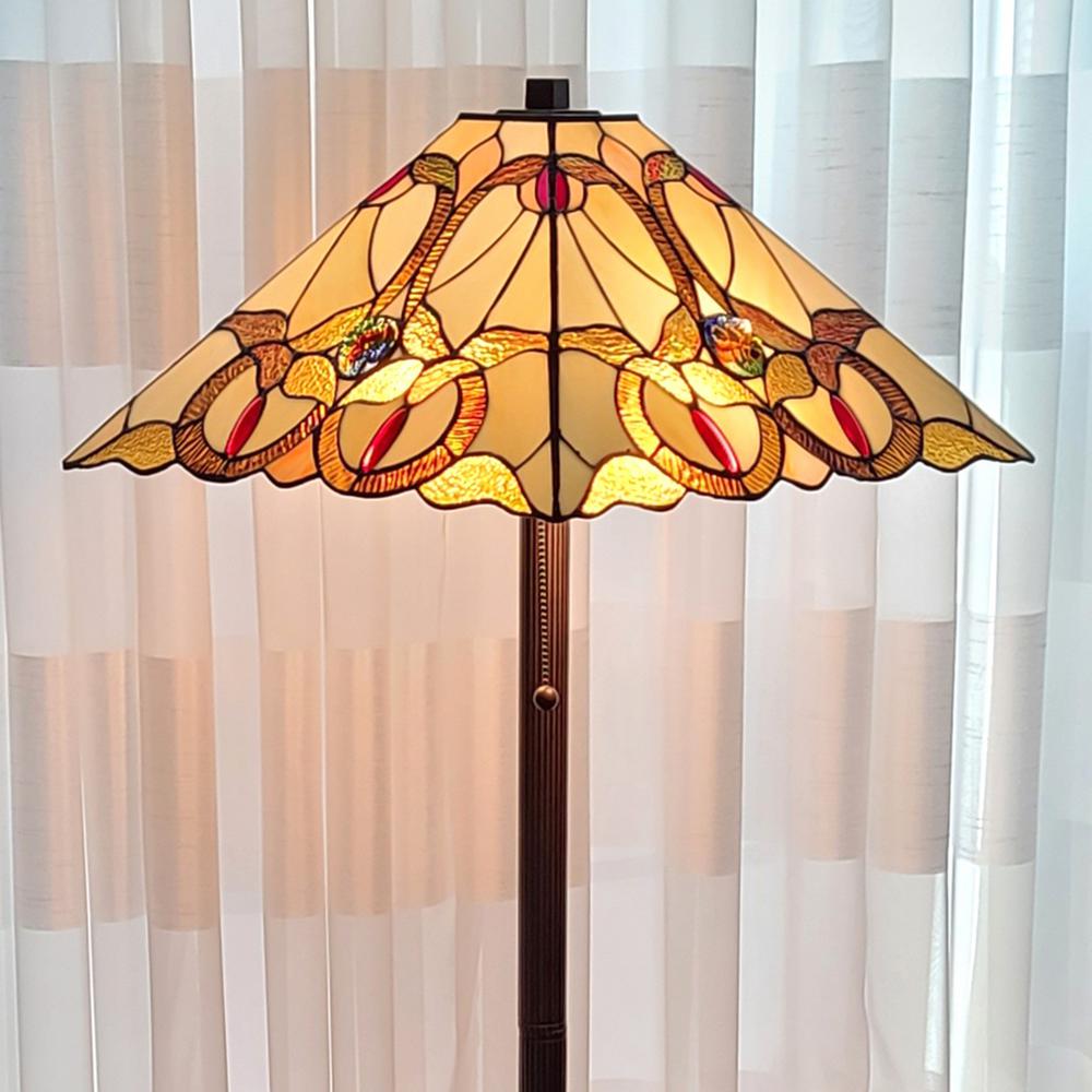 62" Brown Two Lights Traditional-Shaped Floor Lamp With Brown And White Stained Glass Cone Shade. Picture 2
