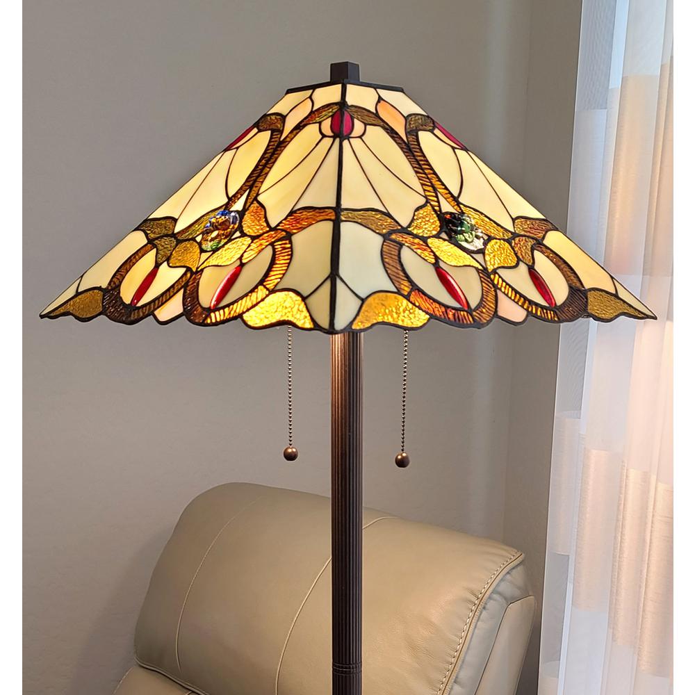62" Brown Two Lights Traditional-Shaped Floor Lamp With Brown And White Stained Glass Cone Shade. Picture 3