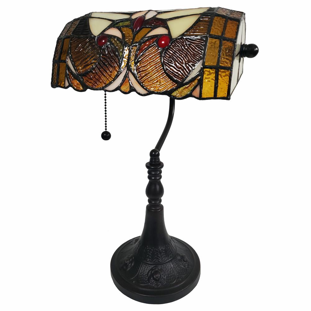 16" Tiffany Style Brown and Orange Banker Desk Lamp. Picture 1