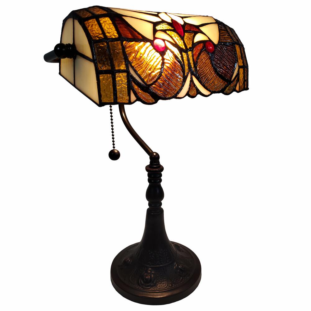 16" Tiffany Style Brown and Orange Banker Desk Lamp. Picture 6