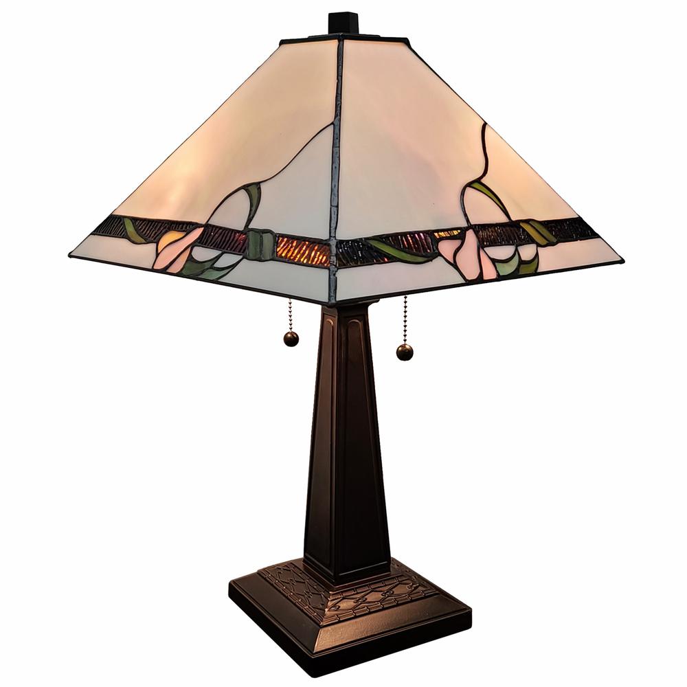 23" White Stained Glass Floral Two Light Mission Style Table Lamp. Picture 7