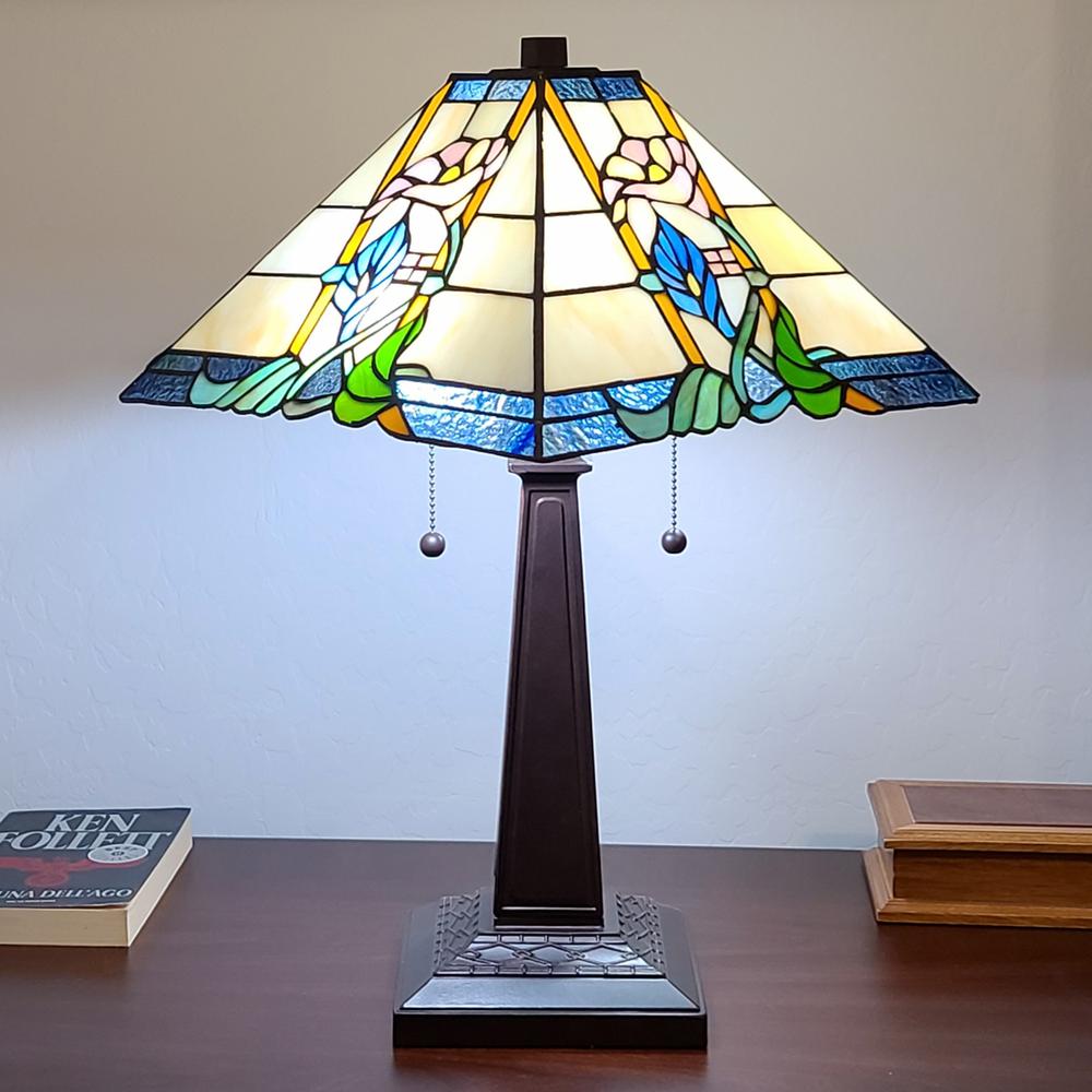23" Stained Glass Multicolored Vintage Two Light Mission Style Table Lamp. Picture 1