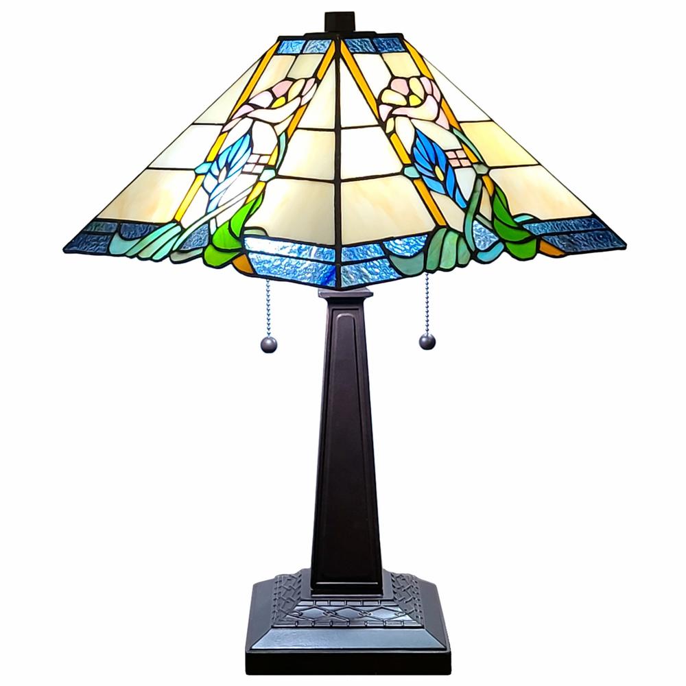 23" Stained Glass Multicolored Vintage Two Light Mission Style Table Lamp. Picture 5