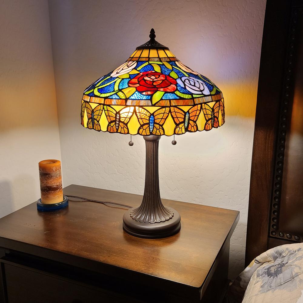 24" Stained Glass Red Roses Accent Table Lamp. Picture 6