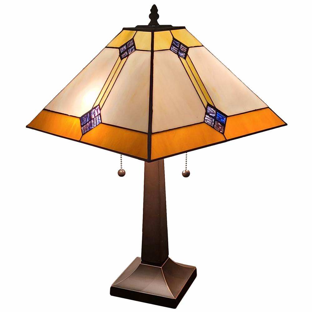 21" Amber Cream and Blue Stained Glass Two Light Mission Style Table Lamp. The main picture.