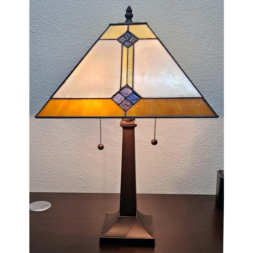 21" Amber Cream and Blue Stained Glass Two Light Mission Style Table Lamp. Picture 2