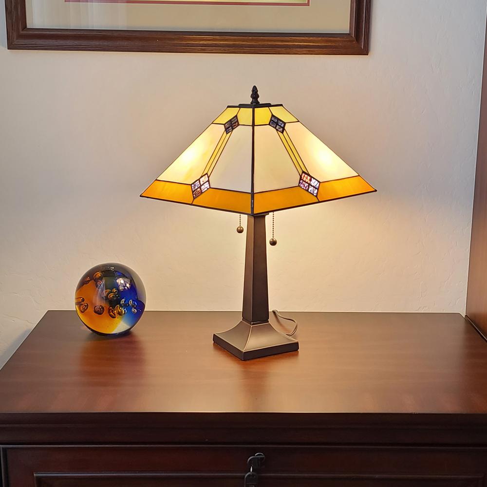 21" Amber Cream and Blue Stained Glass Two Light Mission Style Table Lamp. Picture 3