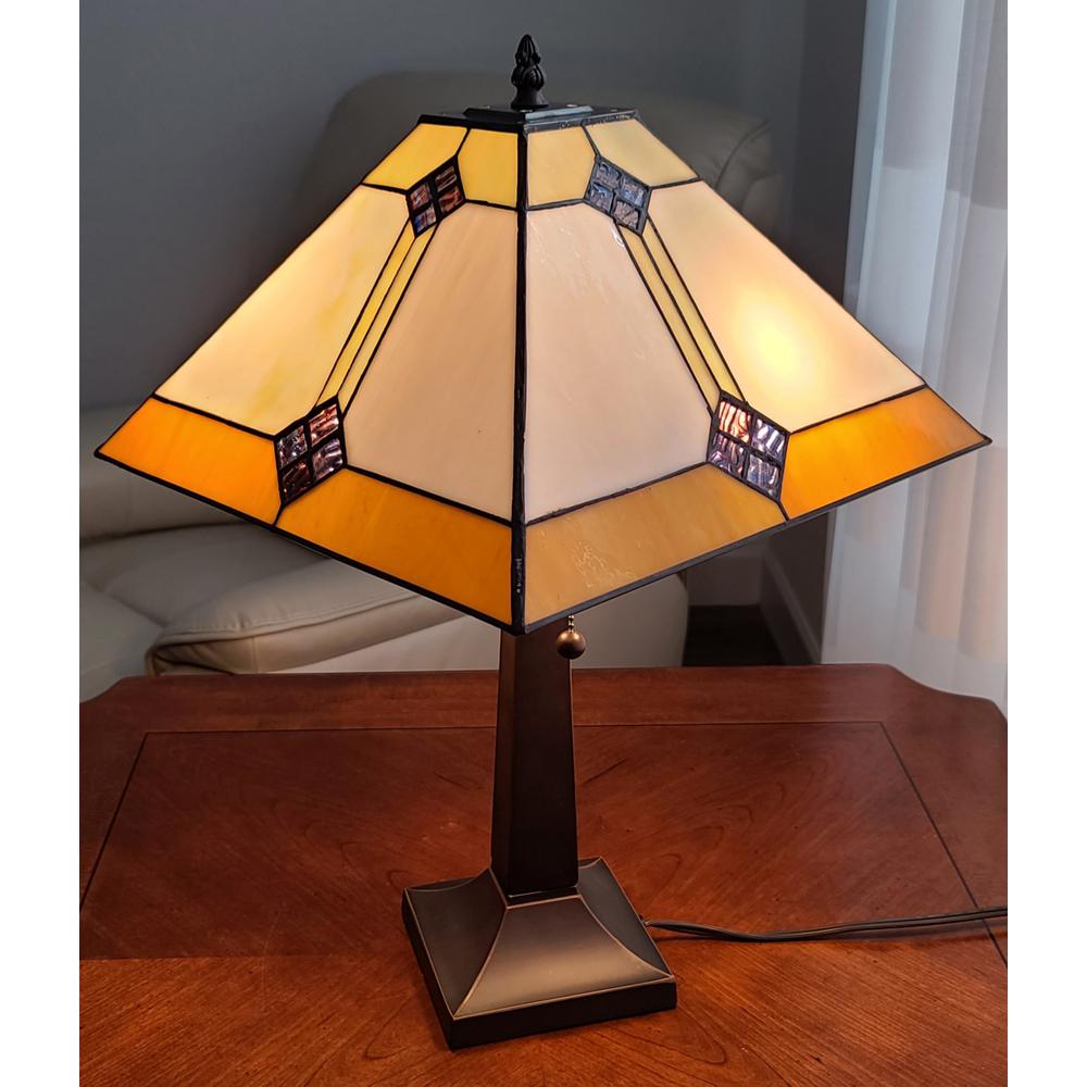 21" Amber Cream and Blue Stained Glass Two Light Mission Style Table Lamp. Picture 7