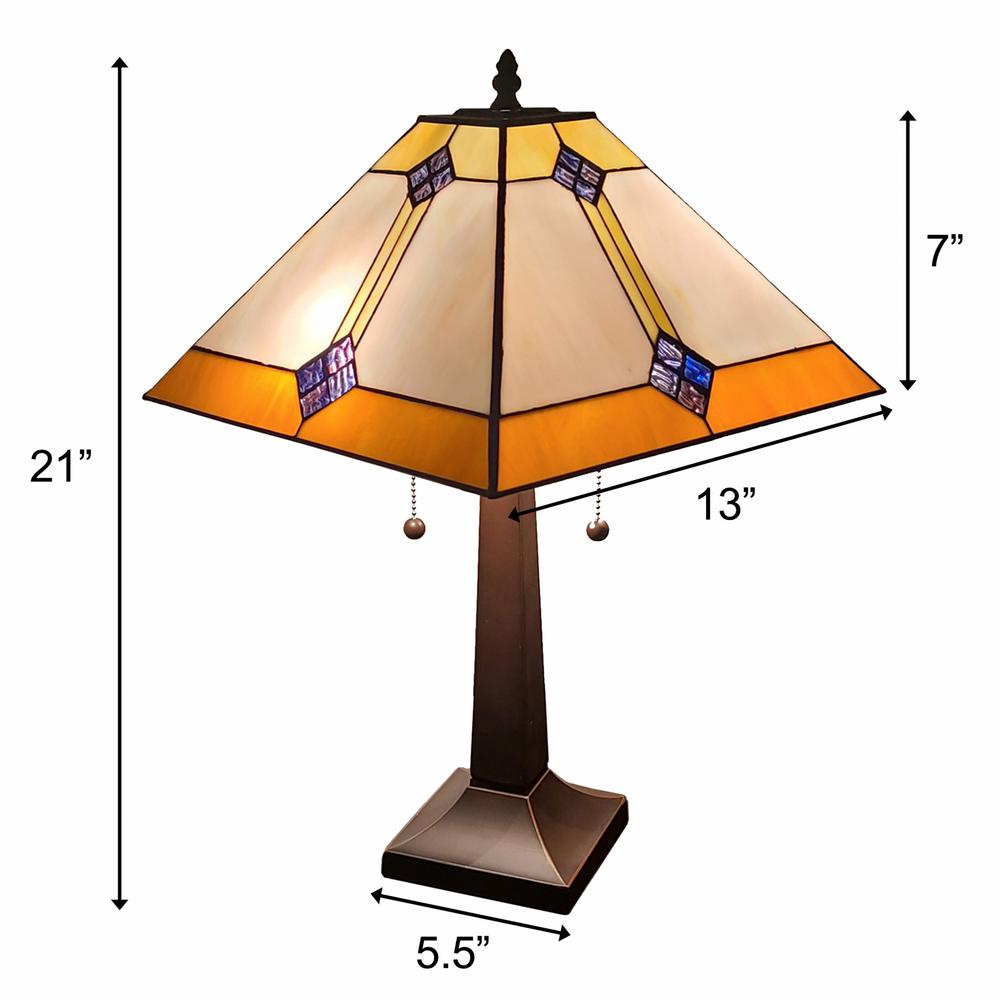 21" Amber Cream and Blue Stained Glass Two Light Mission Style Table Lamp. Picture 8
