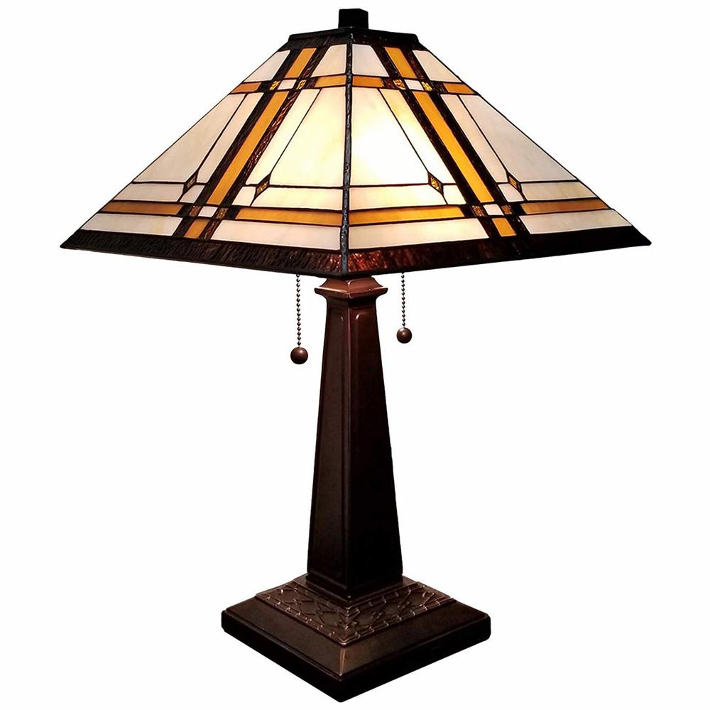 23" White Amber and Brown Stained Glass Two Light Mission Style Table Lamp. Picture 1