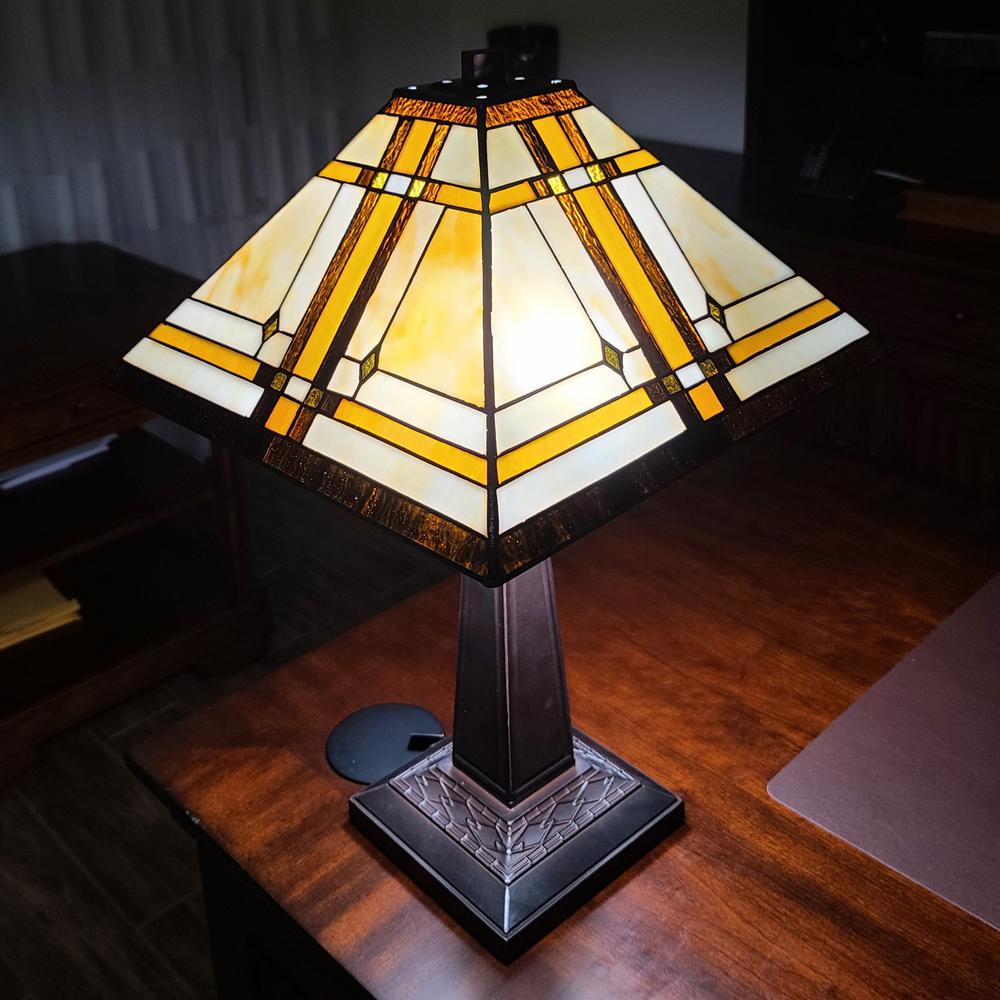 23" White Amber and Brown Stained Glass Two Light Mission Style Table Lamp. Picture 2