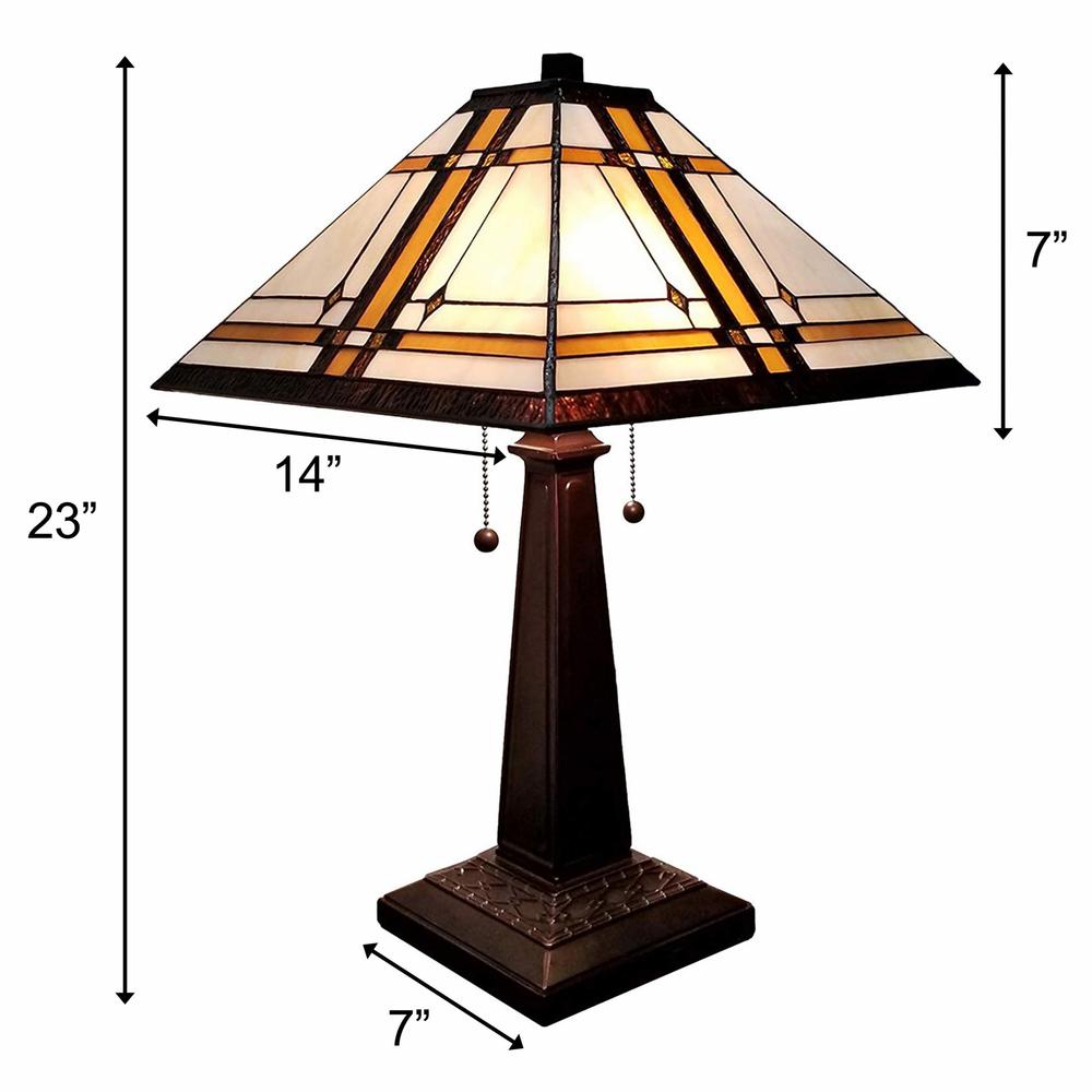 23" White Amber and Brown Stained Glass Two Light Mission Style Table Lamp. Picture 4