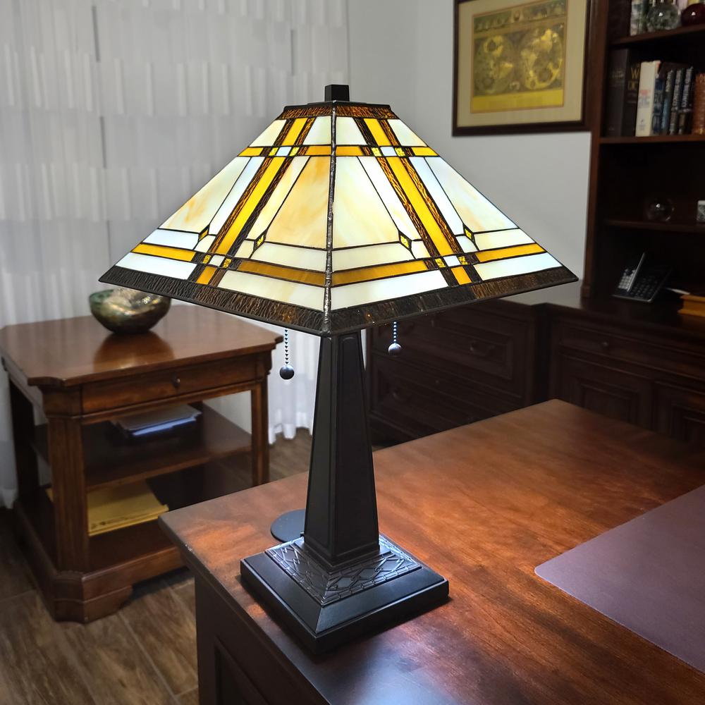 23" White Amber and Brown Stained Glass Two Light Mission Style Table Lamp. Picture 7