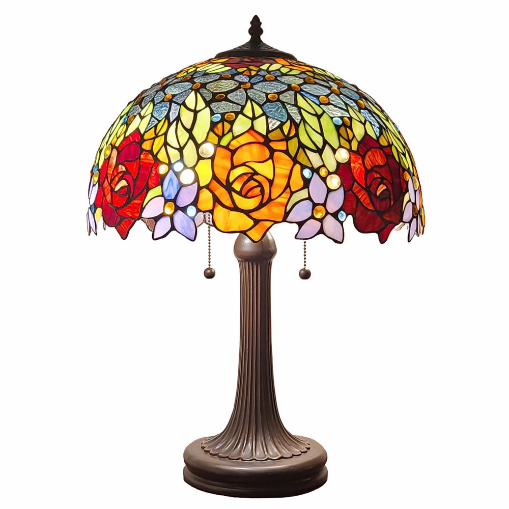 23" Stained Glass Two Light Jeweled Flowery Accent Table Lamp. Picture 1