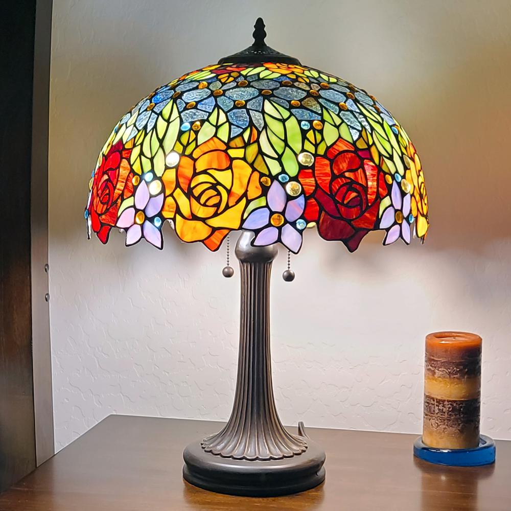 23" Stained Glass Two Light Jeweled Flowery Accent Table Lamp. Picture 2