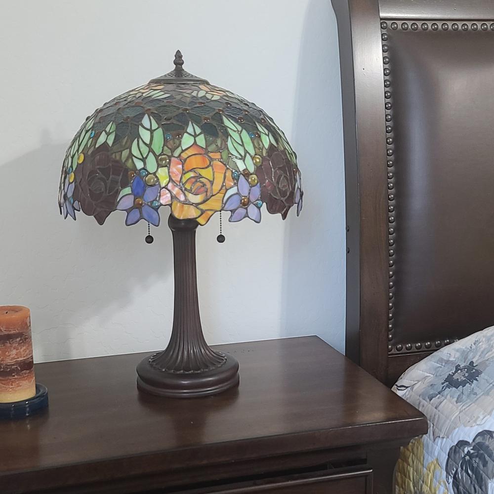 23" Stained Glass Two Light Jeweled Flowery Accent Table Lamp. Picture 3