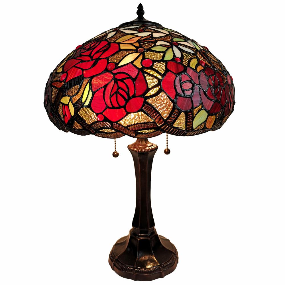 24" Stained Glass Two Light Jeweled Roses Accent Table Lamp. Picture 2