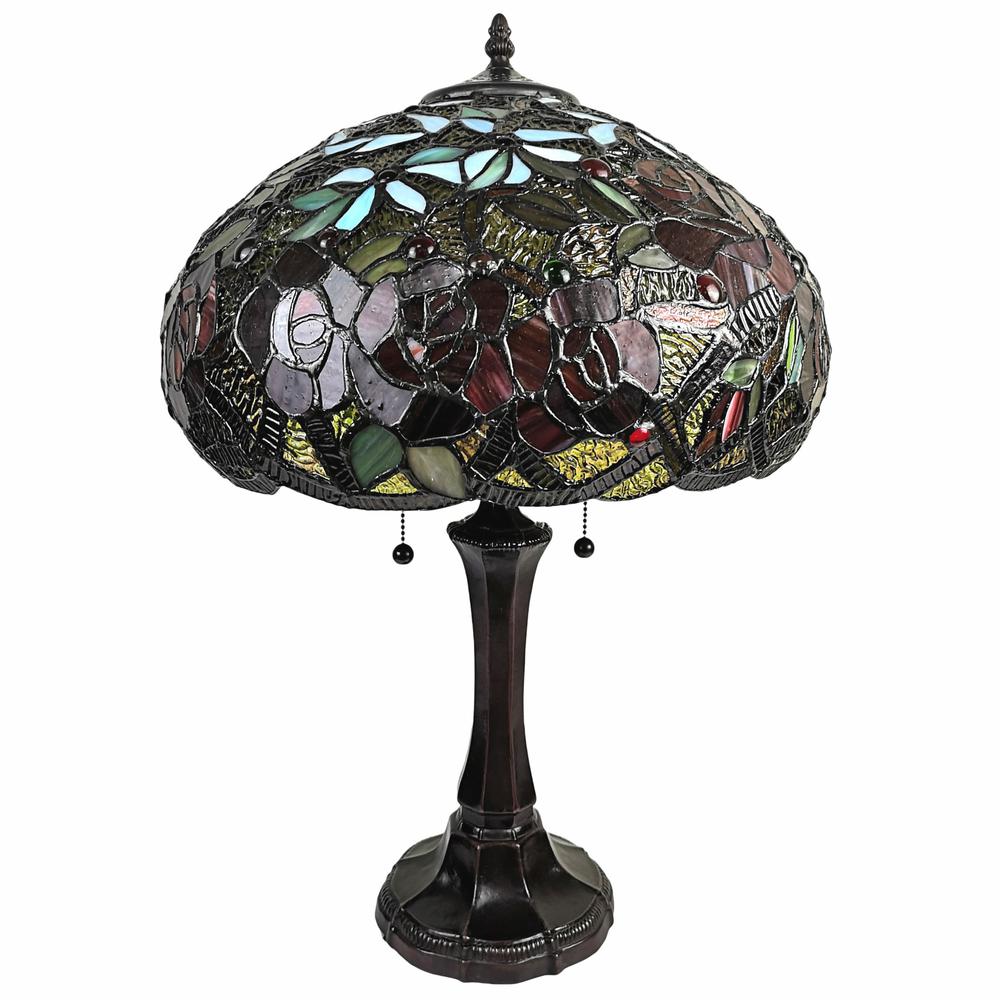 24" Stained Glass Two Light Jeweled Roses Accent Table Lamp. Picture 1