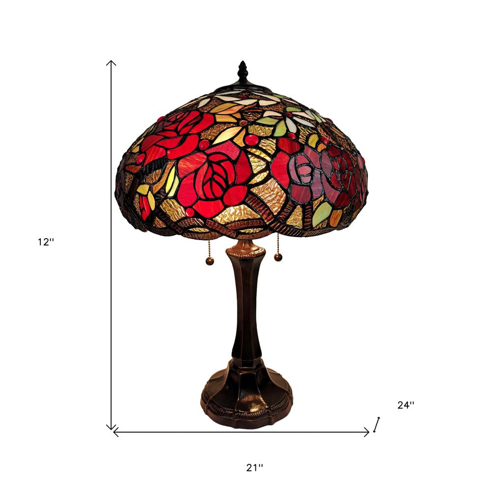 24" Stained Glass Two Light Jeweled Roses Accent Table Lamp. Picture 5