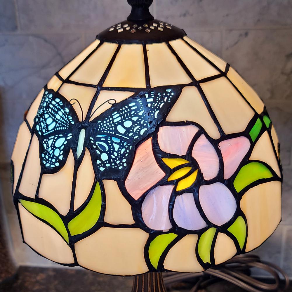15" Tiffany Style Stained Glass Blue Butterfly Table Lamp. Picture 4