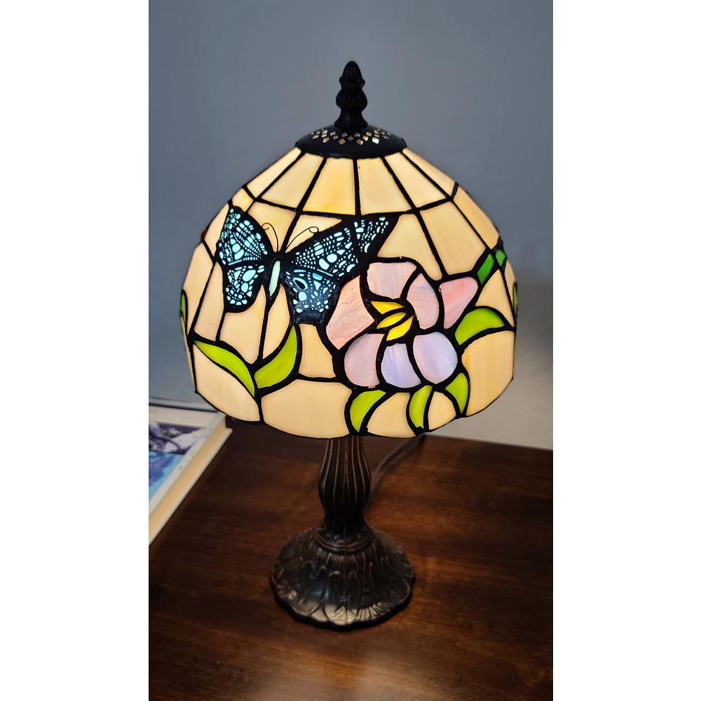 15" Tiffany Style Stained Glass Blue Butterfly Table Lamp. Picture 5