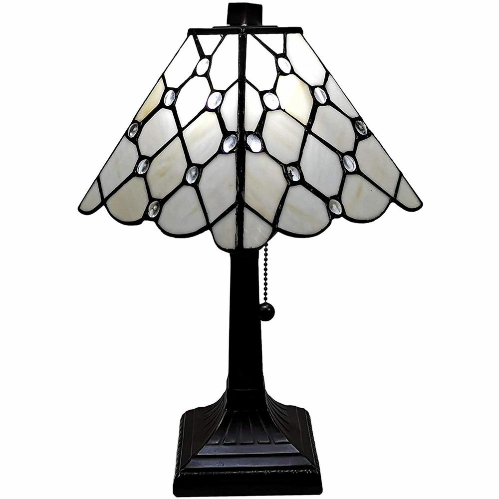 15" Tiffany Style White Stained Glass with Crystals Table Lamp. Picture 1