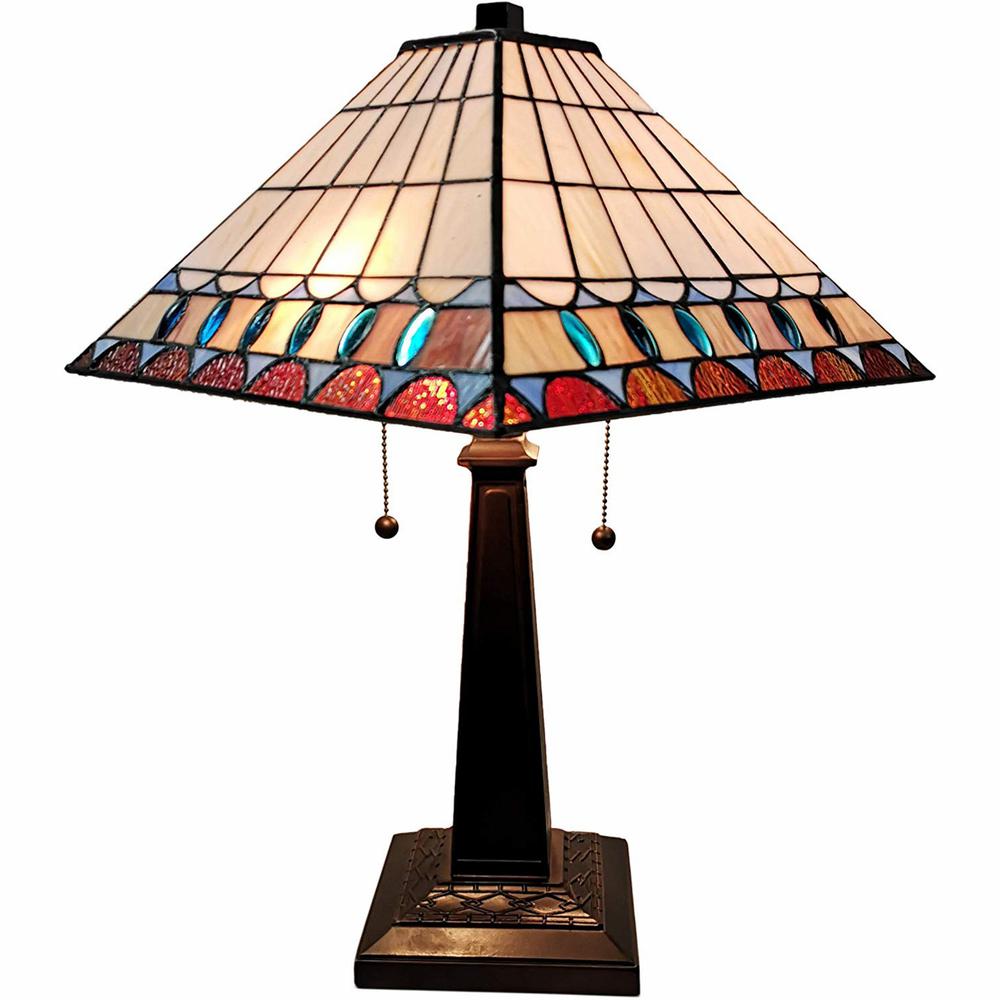 23" White Amber and Teal Stained Glass Two Light Mission Style Table Lamp. Picture 2