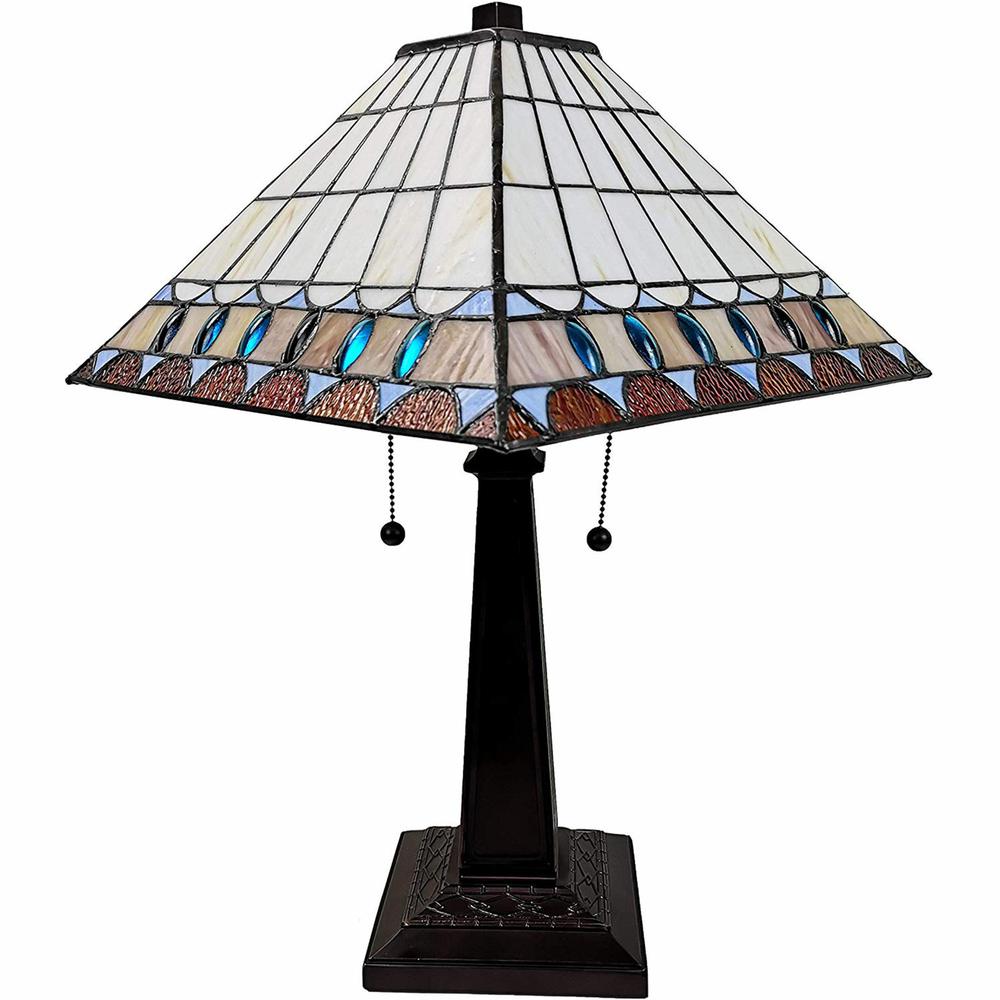 23" White Amber and Teal Stained Glass Two Light Mission Style Table Lamp. Picture 1