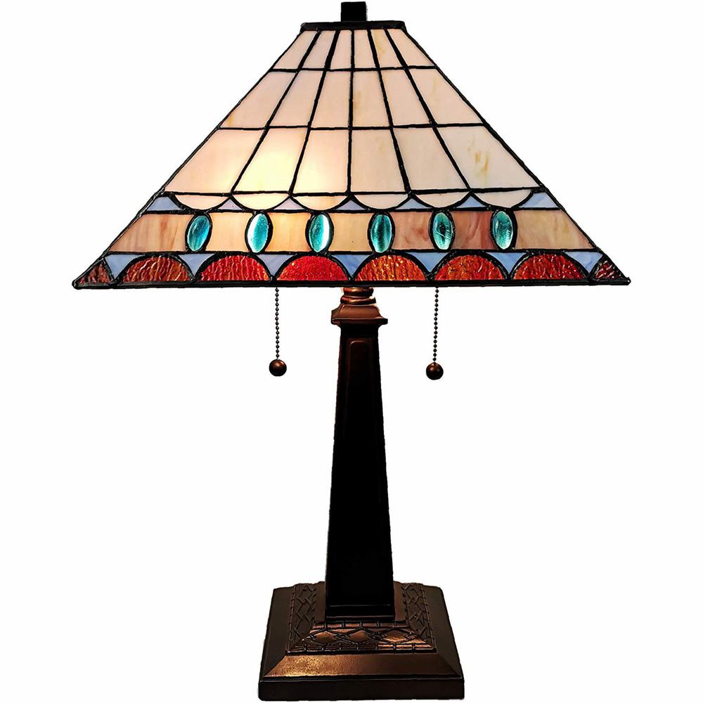 23" White Amber and Teal Stained Glass Two Light Mission Style Table Lamp. Picture 3