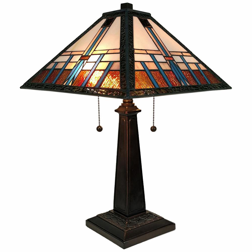23" Cream Amber and Teal Stained Glass Two Light Mission Style Table Lamp. Picture 1