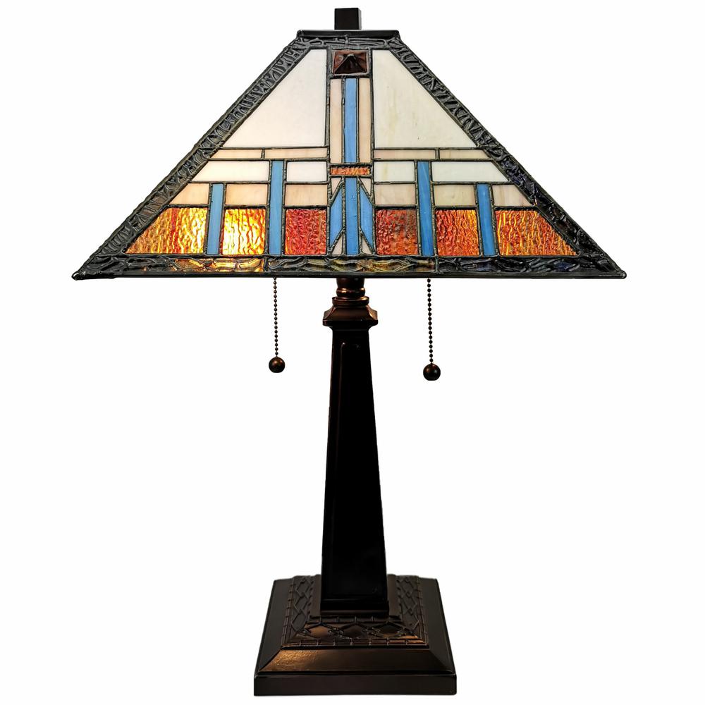 23" Cream Amber and Teal Stained Glass Two Light Mission Style Table Lamp. Picture 2