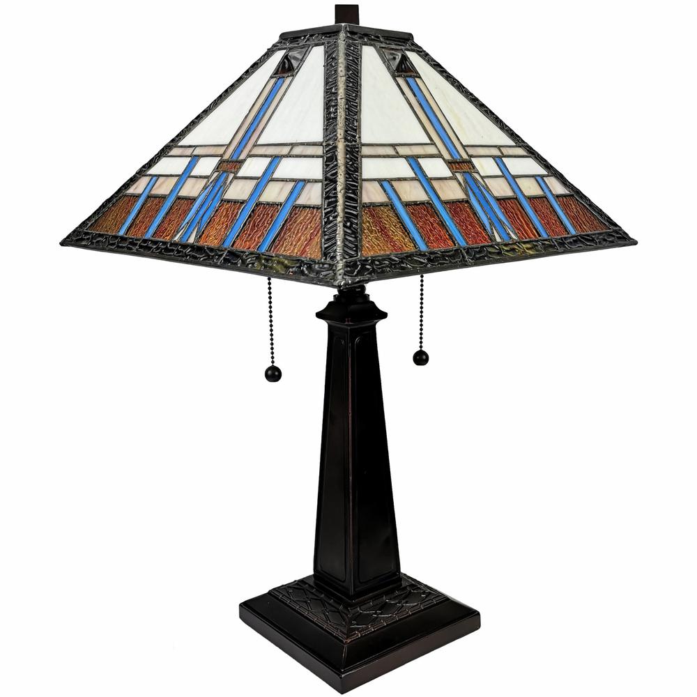 23" Cream Amber and Teal Stained Glass Two Light Mission Style Table Lamp. Picture 4