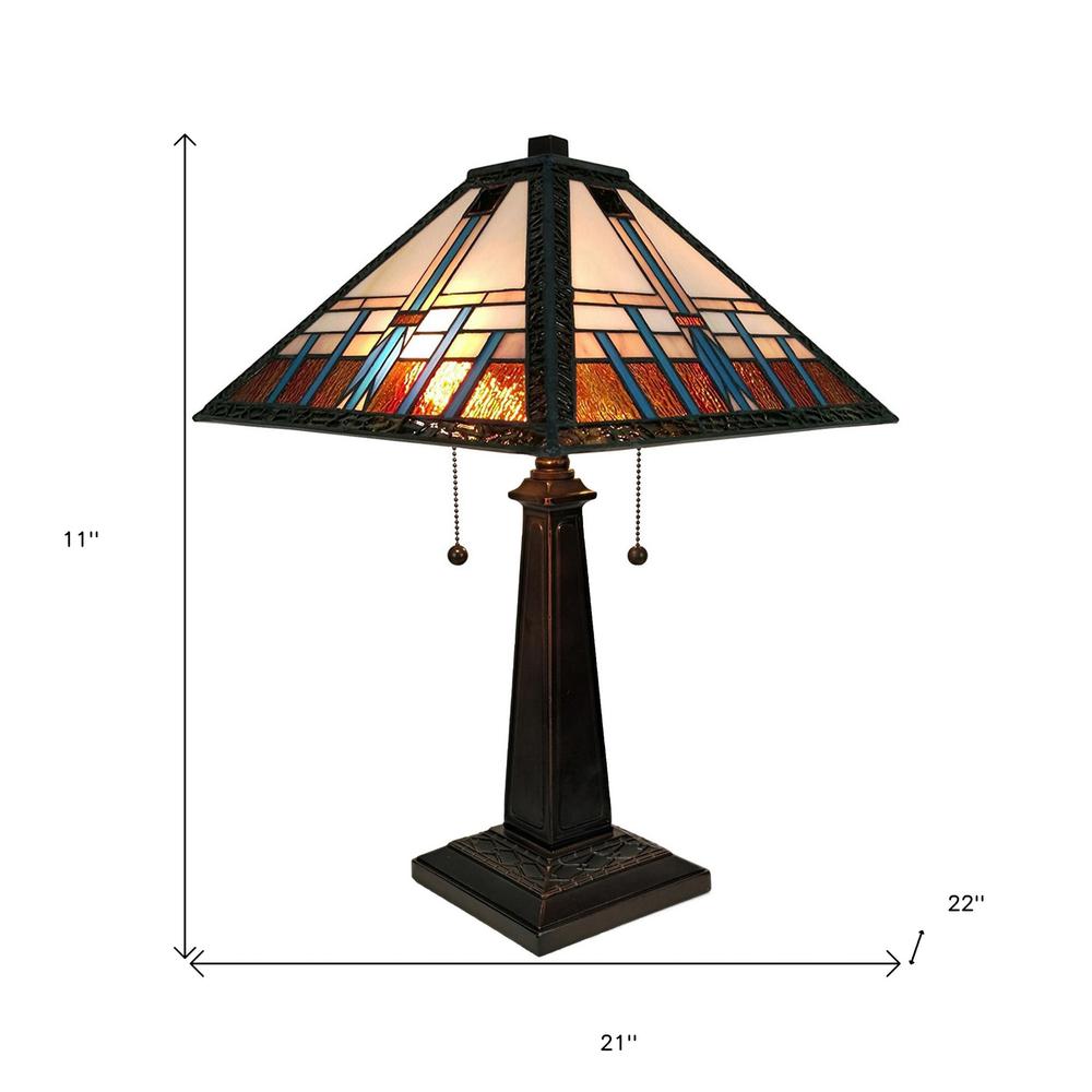 23" Cream Amber and Teal Stained Glass Two Light Mission Style Table Lamp. Picture 6