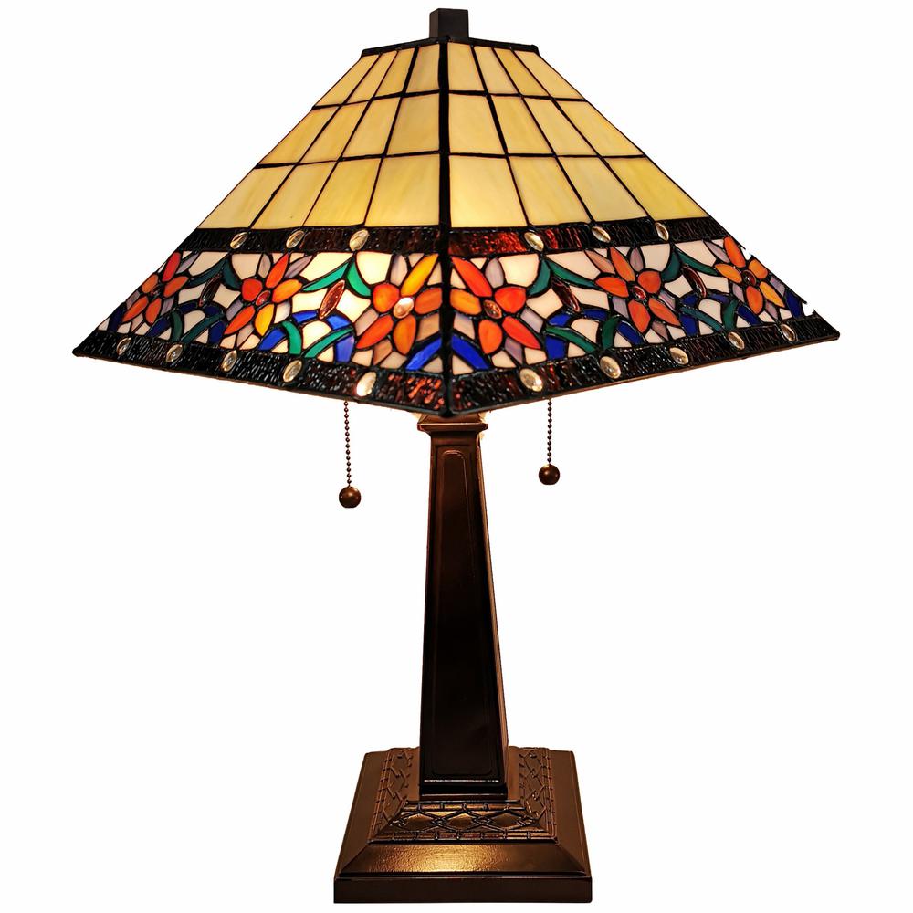 23" Stained Glass Two Light Mission Style Table Lamp with Floral Glass Shade. Picture 2