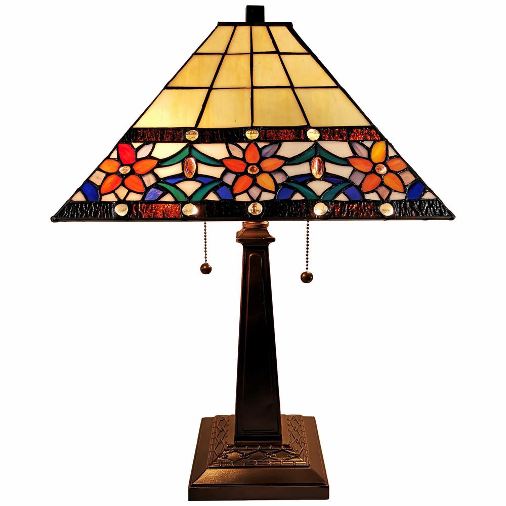 23" Stained Glass Two Light Mission Style Table Lamp with Floral Glass Shade. Picture 1