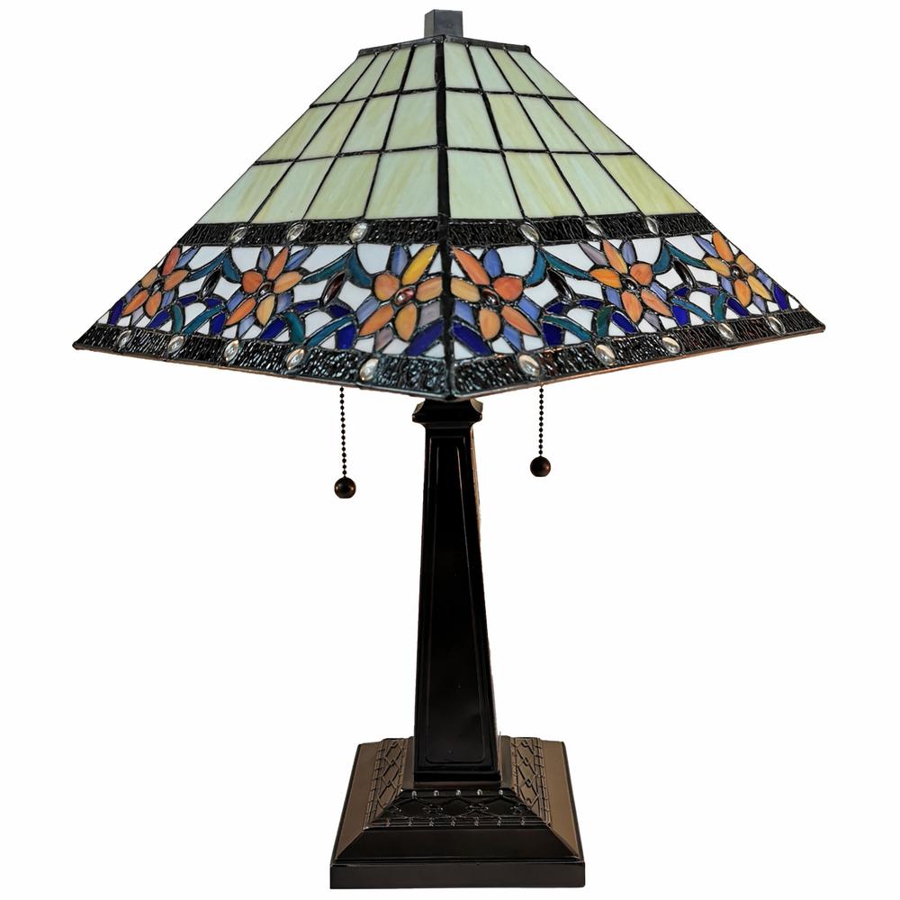 23" Stained Glass Two Light Mission Style Table Lamp with Floral Glass Shade. Picture 3