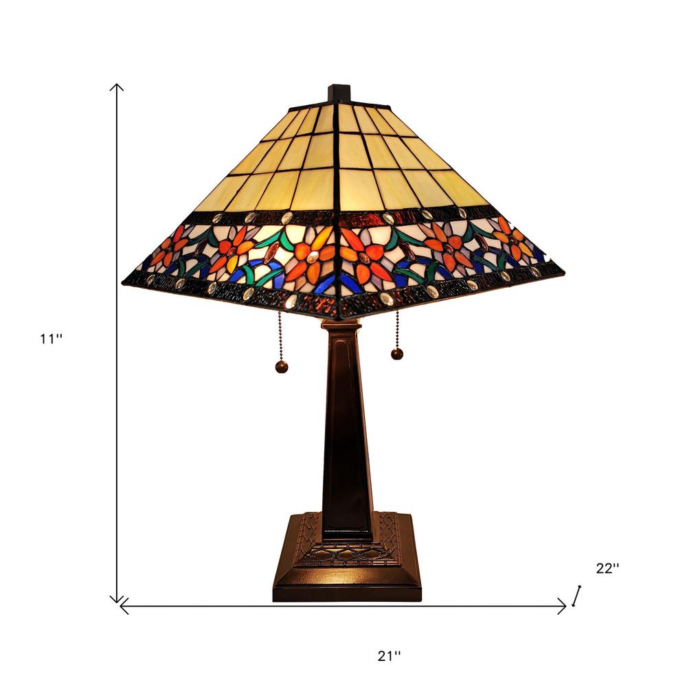 23" Stained Glass Two Light Mission Style Table Lamp with Floral Glass Shade. Picture 5